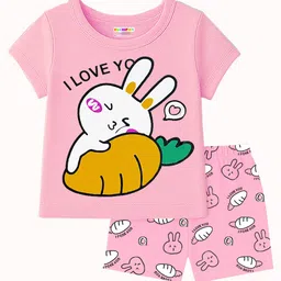 KUCHIPOO Cotton Knit Pack Of 3 Half Sleeves Cute Animals & Heart Printed Tees & Coordinating Shorts Set - Black Pink & Teal Blue image 5