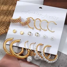 PolluxCraft Set Of 9 Gold-Plated Pearls Beaded Circular Shaped Korean Half Hoop Earrings image 4