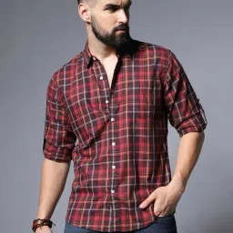 High Star Maroon Relaxed Fit Checks Shirt-image-98