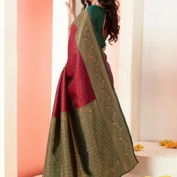 Satrani Maroon & Green Woven Saree With Unstitched Blouse image 3