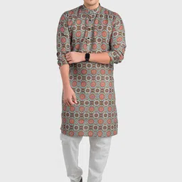 SHIWAM ETHNIX Men Brown & Green Printed Regular Cotton Kurta image 1