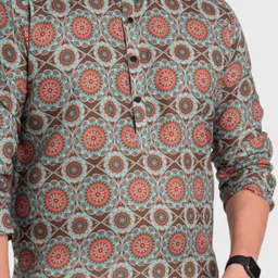 SHIWAM ETHNIX Men Brown & Green Printed Regular Cotton Kurta image 2
