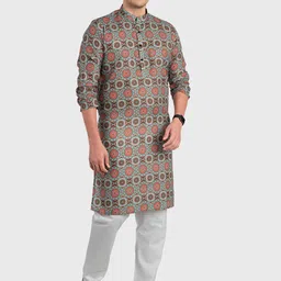 SHIWAM ETHNIX Men Brown & Green Printed Regular Cotton Kurta image 3