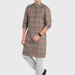 SHIWAM ETHNIX Men Brown & Green Printed Regular Cotton Kurta image 5