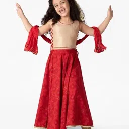Fabindia Kids Red Printed Choli, Lehenga with Dupatta-picture-44
