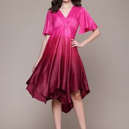 Label Ritu Kumar Ombre Dyed Flared Sleeve Satin Fit & Flare Dress-picture-4