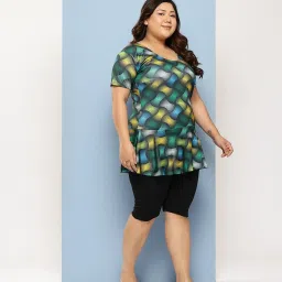 Aarika Green Nylon Printed Short Sleeves Plus Size Swimsuit image 3