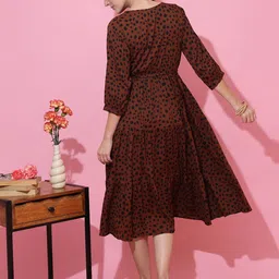 De La Moda Women Printed Crepe Tiered Cuffed Sleeves Fit & Flare Midi Dress image 4