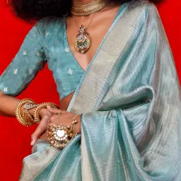 Vardha Teal Blue Striped Saree With Unstitched Blouse image 3