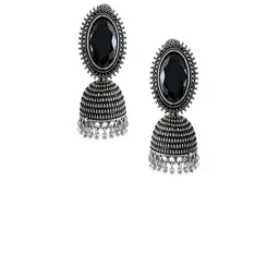UNIVERSITY TRENDZ Silver-Plated Artificial Stones Studded & Beaded Dome Oxidised Jhumkas image 4