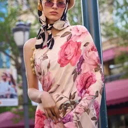 Satrani Cream Printed Saree With Unstitched Blouse image 3