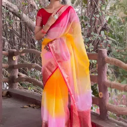 Satrani Yellow & Pink Woven Saree With Unstitched Blouse image 3