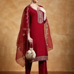 Varanga Maroon Embroidered Kurta, Trousers with Dupatta image 3