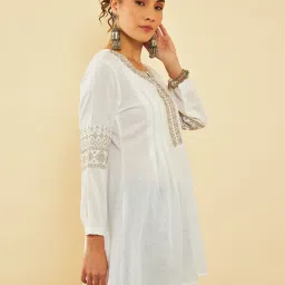 Soch White Rayon Slub Yoke Embroidery A-Line Tunic With Darts image 3