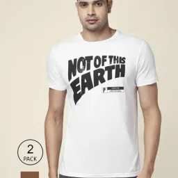 People by Pantaloons White & Brown Cotton Slim Fit Printed T-Shirt - Pack of 2-image-86