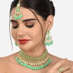 Zaveri Pearls Green Stones & Beads Ethnic Choker Necklace Earring Maangtikka & Ring Set-ZPFK12733-picture-30