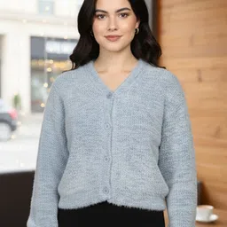 CHKOKKO Women Woollen V Neck Long Sleeves Cardigan-picture-49