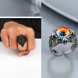 Teeragaj Set Of 2 Stainless Steel Lion & Evil Eye Adjustable Finger Rings-picture-13