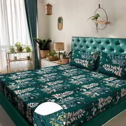 Myntra Elegant Homes Green & Peach Printed Fitted 300 TC King Bedsheet Set 2.50 m x 2.25 m image 5
