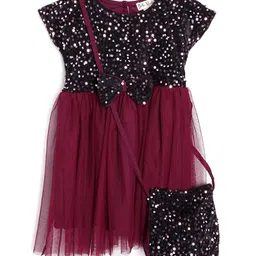 Bella Moda Cap Sleeves Sequins Embellished Bow Applique Net Pleated Dress With Sling Bag - Maroon-image-27