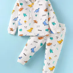 Mini Donuts Cotton Knit Full Sleeves Dino Printed T-Shirt & Joggers Set - Off White-picture-12