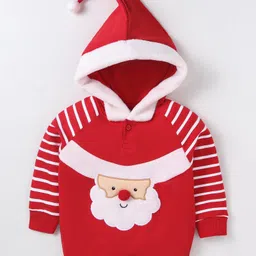 Babyhug Cotton Knit Full Raglan Sleeves Hooded Sweatshirt with Santa Design & 3D Applique - Red & White-picture-20
