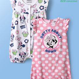 Babyoye Disney Interlock Knit Frill Sleeves Rompers with Minnie Mouse Graphics Pack of 2 - White & Pink-picture-0