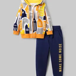 OLLINGTON ST. Cotton Knit Full Sleeves Text Printed Hoodie Sweatshirt & Knit Joggers - Multicolor & Navy Blue-image-35