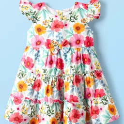 Babyhug Cotton Knit Sleeveless Frock With Floral Print & Bow Applique - White-picture-24