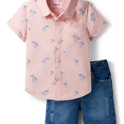 Babyhug Cotton Woven Half Sleeves Shirt & Shorts Set with Floral Print - Peach & Navy Blue-picture-32