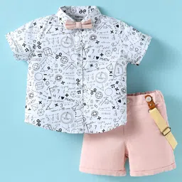 ToffyHouse Poplin Woven Half Sleeves Printed Shirt & Shorts With Bow & Suspender - White & Light Pink-picture-23