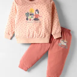 CUCUMBER Sinker Knit Full Sleeves T-Shirt & Lounge Pant Set with Gardening Print - Peach-image-75