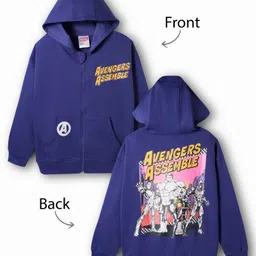 Primo Gino Marvel Terry Knit Full Sleeves Hooded Sweatjacket with Front and Back Avengers Graphic and Pocket Detailing - Navy Blue image 1