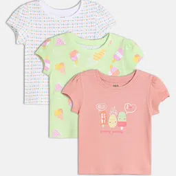 MINI KLUB Cotton Knit Pack Of 3 Half Sleeves Ice Cream & Geometric Printed Tops - Green & Pink-picture-14
