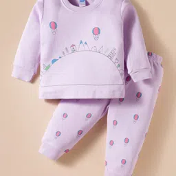 Tango Fleece Knit Full Sleeves Winter Wear T-Shirt & Joggers Set with Hot Air Balloon Print - Plum-picture-11