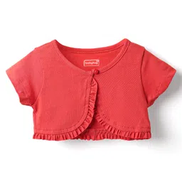 Babyhug Cotton Woven Half Sleeves Shrug & Frock with Fruit Print & Frill Detailing - Navy Blue & Red image 2