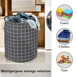 Aura 2-Pcs Grey Checked Cotton Foldable Laundry Bags With Handle - 60L image 4