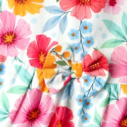 Babyhug Cotton Knit Sleeveless Frock With Floral Print & Bow Applique - White image 3