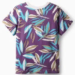 OLLINGTON ST. Cotton Sinker Knit Half Sleeves T-Shirt & Taffeta Woven Joggers Set with Leaf Print - Multicolor & Beige image 3