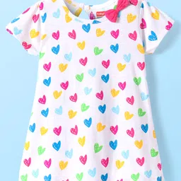 Babyhug Single Jersey Knit Half Sleeves Dresses With Heart Print & Bow Applique Pack of 2 - White & Dark Pink image 4