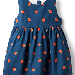 Babyhug Cotton Woven Half Sleeves Shrug & Frock with Fruit Print & Frill Detailing - Navy Blue & Red image 4