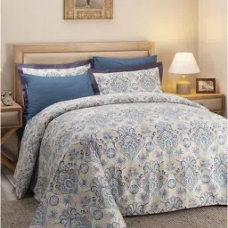 Maspar Hues Nouveau Tradition Lawn Rerun Blue Cotton 300 TC Double Duvet Cover & 2 Pillow Covers-image-14