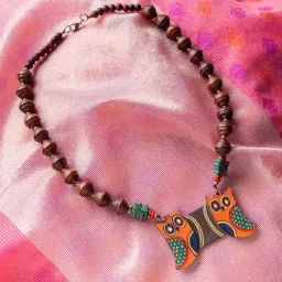 ExclusiveLane 'Symphony of Owls' Orange & Brown Handpainted Necklace in Recycled Wood-picture-29
