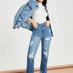 Styli Blue Cotton Distressed High Rise Jeans image 3