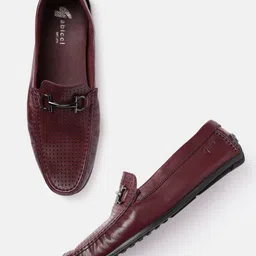 GABICCI Men Burgundy Textured Leather Casual Horsebit Loafers-image-91