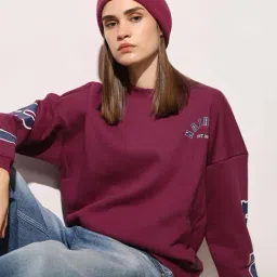 Only Maroon Cotton Regular Fit Printed Sweatshirt image 5