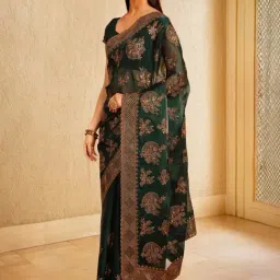 Soch Womens Green Floral Embroidered Organza Saree With Stone Work-picture-12