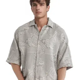 Rare Rabbit Grey Boxy Fit Jacquard Shirt-image-4