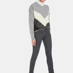 U.S. Polo Assn. Women Grey & Off-White Colourblocked Acrylic Pullover Sweater image 5