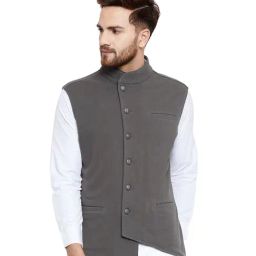 Hypernation Grey Sleeveless Band Collar Waistcoat-picture-1